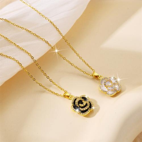 Titanium Steel Necklace, with Brass, Flower, plated, micro pave cubic zirconia & for woman & enamel, more colors for choice, Sold By PC