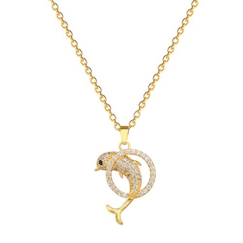 Titanium Steel Necklace, with Brass, Dolphin, micro pave cubic zirconia & for woman & hollow, golden, Sold By PC