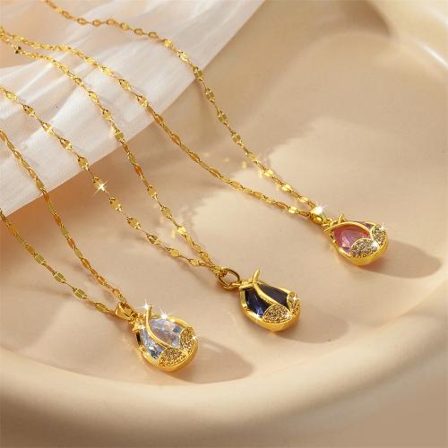 Titanium Steel Necklace, with Quartz & Brass, Teardrop, plated, fashion jewelry & micro pave cubic zirconia & for woman, more colors for choice, Sold By PC