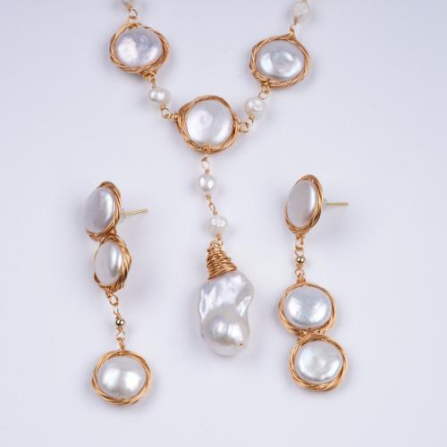 Natural Cultured Freshwater Pearl Jewelry Sets, sweater chain necklace & earring, with Brass, Baroque, fashion jewelry, more colors for choice, 7-16mm, Sold By Set