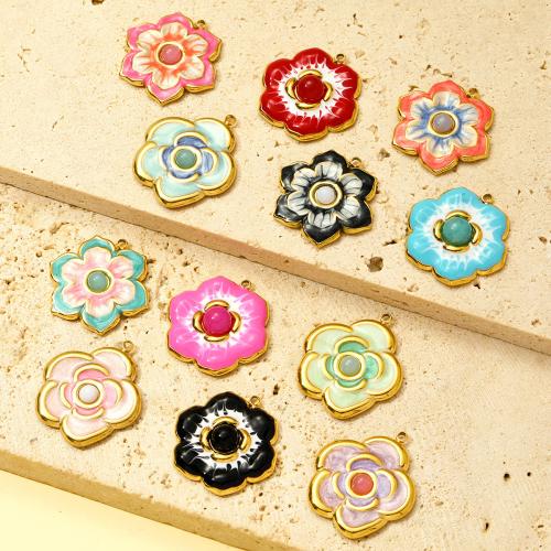 Stainless Steel Flower Pendant, 304 Stainless Steel, with Natural Stone, gold color plated, DIY & enamel, more colors for choice, 3PCs/Bag, Sold By Bag