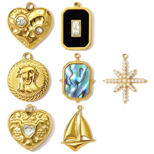Stainless Steel Pendants, 304 Stainless Steel, with Glass Stone & ABS Plastic Pearl & Shell, gold color plated, DIY & micro pave cubic zirconia & enamel & with rhinestone, more colors for choice, 3PCs/Bag, Sold By Bag