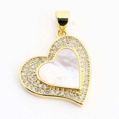 Cubic Zirconia Micro Pave Brass Pendant, with White Shell, Heart, DIY & micro pave cubic zirconia, golden, 24x18x3mm, Sold By PC