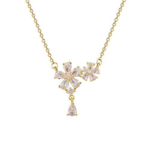 Titanium Steel Necklace, with Brass, Flower, fashion jewelry & micro pave cubic zirconia & for woman, golden, Sold By PC
