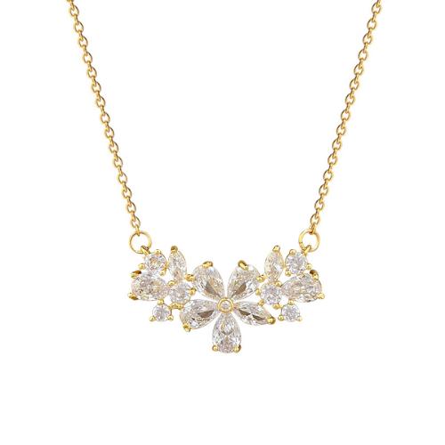 Titanium Steel Necklace, with Brass, Flower, fashion jewelry & micro pave cubic zirconia & for woman, golden, Sold By PC