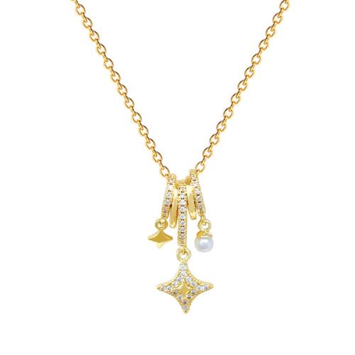 Titanium Steel Necklace, with Plastic Pearl & Brass, fashion jewelry & micro pave cubic zirconia & for woman, golden, Sold By PC