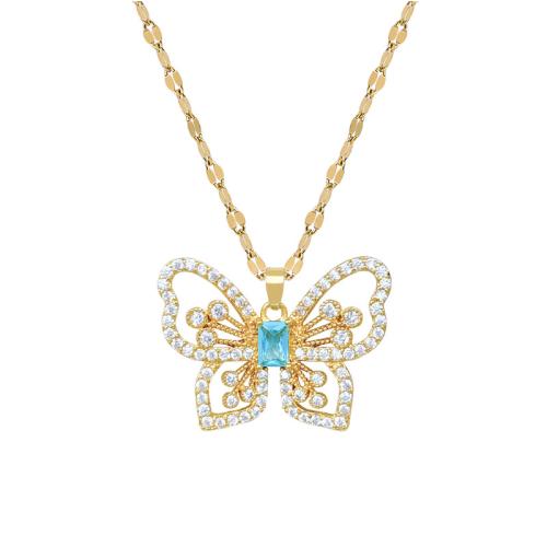 Titanium Steel Necklace, with Brass, Butterfly, micro pave cubic zirconia & for woman & hollow, golden, Sold By PC