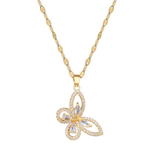 Titanium Steel Necklace, with Brass, Butterfly, micro pave cubic zirconia & for woman & hollow, more colors for choice, Sold By PC