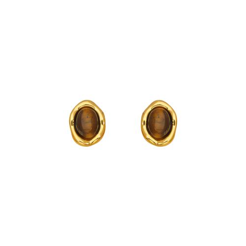 Natural Gemstone Earrings, Brass, with Tiger Eye, 18K gold plated, fashion jewelry & for woman, amber, 13x10mm, Sold By Pair