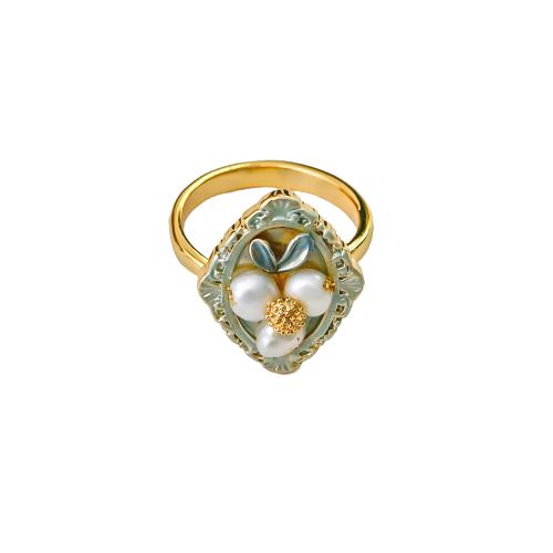 Bague perle d'eau douce, laiton, avec perle d'eau douce cultivée, peinture, bijoux de mode & pour femme, doré, The inner diameter of the open ring can be fine-tuned to 18mm, and the pearl diameter is 4-5mm, Vendu par PC