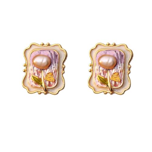 Freshwater Pearl Earrings, Brass, with Freshwater Pearl, 18K gold plated, fashion jewelry & for woman & enamel, 19mm, Sold By Pair