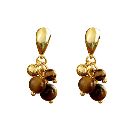 Natural Gemstone Earrings, Brass, with Tiger Eye, Grape, 18K gold plated, fashion jewelry & for woman, 29x5mm, Sold By Pair