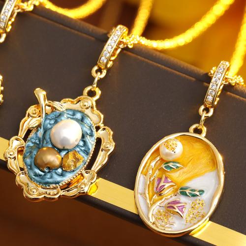 Freshwater Pearl Brass Necklace, with Freshwater Pearl, with 5.5cm extender chain, 18K gold plated, different styles for choice & micro pave cubic zirconia & for woman & enamel, The pendant is 3.5cm long and 1.6cm wide, Length:46 cm, Sold By PC