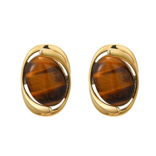 Natural Gemstone Earrings, Brass, with Tiger Eye, 18K gold plated, fashion jewelry & for woman & hollow, Height 1.9cm and length 2.8cm, Sold By Pair