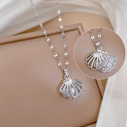 Cubic Zircon Micro Pave Brass Necklace, Titanium Steel, with Plastic Pearl & Brass, Shell, micro pave cubic zirconia & for woman & hollow, silver color, Sold By PC