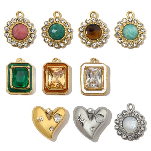 Gemstone Pendants Jewelry, 304 Stainless Steel, with Natural Stone, gold color plated, DIY & micro pave cubic zirconia & enamel & with rhinestone, more colors for choice, 3PCs/Bag, Sold By Bag