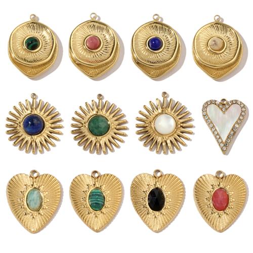 Gemstone Pendants Jewelry, 304 Stainless Steel, with Natural Stone & Shell, gold color plated, DIY & enamel & with rhinestone, more colors for choice, 3PCs/Bag, Sold By Bag