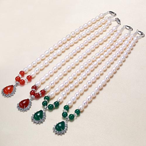 Crystal Freshwater Pearl Necklace, with Agate & Crystal, Rice, fashion jewelry & with rhinestone, more colors for choice, 8-9mm, Length:44 cm, Sold By PC