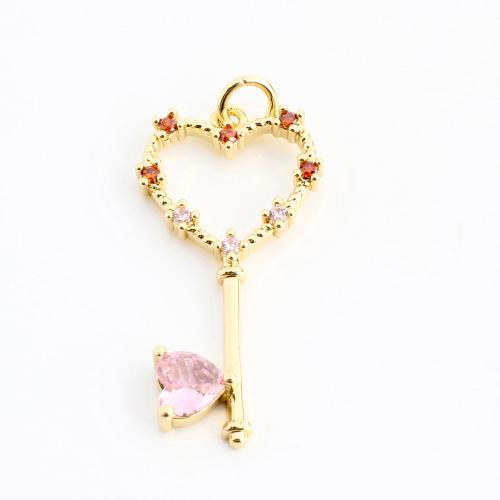 Cubic Zirconia Micro Pave Brass Pendant, Key, DIY & micro pave cubic zirconia & hollow, golden, 34x14x2mm, Sold By PC