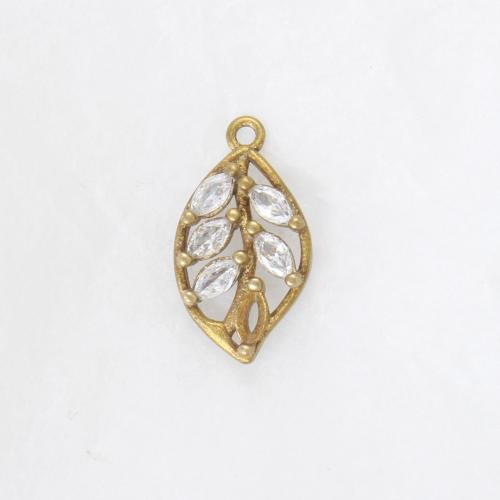 Strass Messing Anhänger, Blatt, plattiert, DIY & mit Strass, goldfarben, frei von Nickel, Blei & Kadmium, 17x9.50x3.40mm, verkauft von PC