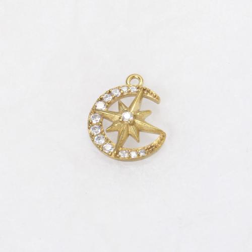 Strass Messing Anhänger, Mond, plattiert, DIY & mit Strass, goldfarben, frei von Nickel, Blei & Kadmium, 13x10.20x3.30mm, verkauft von PC