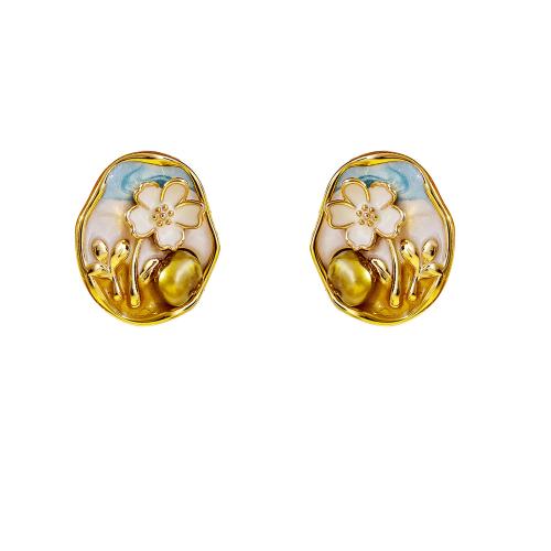 Brass Stud Earring, with Freshwater Pearl, 18K gold plated, different styles for choice & for woman & enamel, Sold By PC