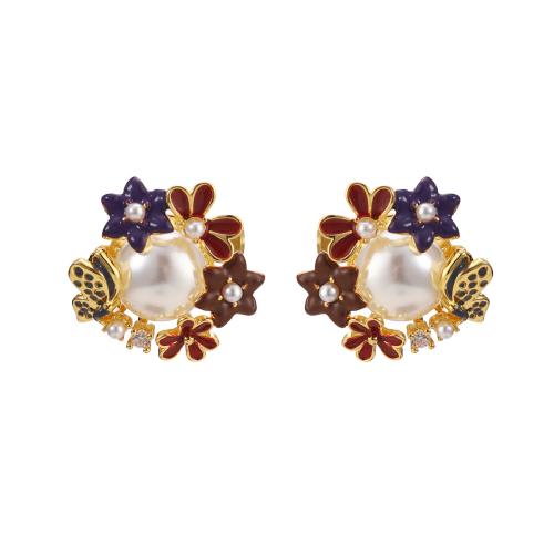 Cubic Zirconia Micro Pave Brass Earring, with Cubic Zirconia & Plastic Pearl, plated, different styles for choice & for woman & enamel, Sold By Pair