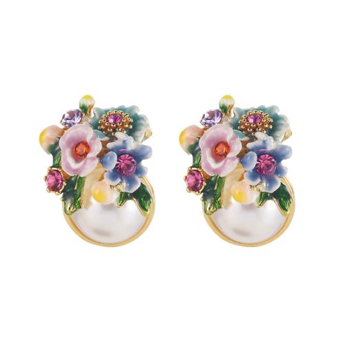 Brass Stud Earring, with Cubic Zirconia & Plastic Pearl, plated, different styles for choice & for woman & enamel, Sold By Pair