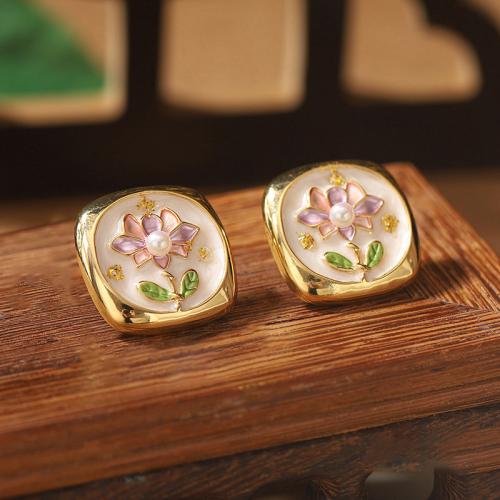 Brass Stud Earring, with Plastic Pearl, plated, different styles for choice & for woman & enamel, Sold By Pair