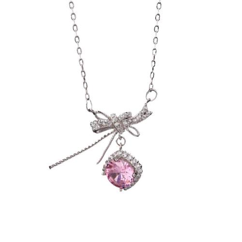 Plata de ley 925 collar, con 2inch extender cadena, Lazo, chapado, micro arcilla de zirconia cúbica & para mujer, más colores para la opción, longitud:aproximado 15.7 Inch, Vendido por UD