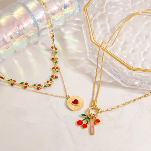 Stainless Steel Jewelry Necklace, 304 Stainless Steel, gold color plated, Double Layer & fashion jewelry & enamel & with rhinestone, more colors for choice, Sold By PC