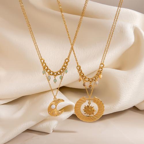 Stainless Steel Jewelry Necklace, 304 Stainless Steel, with Natural Stone & ABS Plastic Pearl, gold color plated, Double Layer & fashion jewelry & enamel & with rhinestone, more colors for choice, Sold By PC