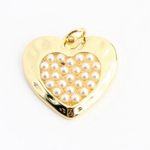 Brass Heart Pendants, with Plastic Pearl, DIY, golden, 20x20x3mm, Sold By PC
