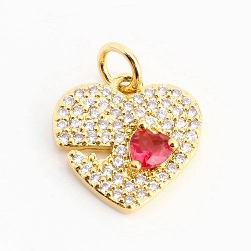 Cubic Zirconia Micro Pave Brass Pendant, Heart, DIY & micro pave cubic zirconia, golden, 15x14x3mm, Sold By PC