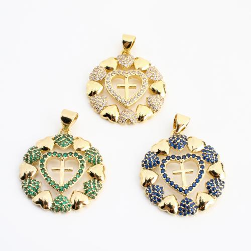 Befestigter Zirkonia Messing Anhänger, rund, goldfarben plattiert, DIY & Micro pave Zirkonia & hohl, keine, 28x22x3mm, verkauft von PC