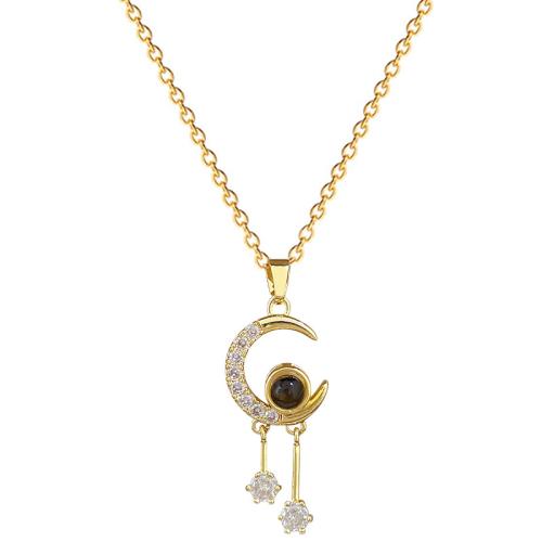 Titanium Steel Necklace, with Glass Stone & Brass, Moon, fashion jewelry & micro pave rhinestone & for woman, golden, Sold By PC