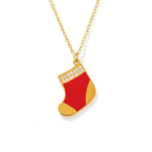 Collares de Navidad, acero inoxidable 304, Calcetines, chapado en oro real, Diseño de Navidad & micro arcilla de zirconia cúbica & para mujer & esmalte, Vendido por UD