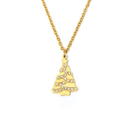 Collares de Navidad, acero inoxidable 304, Árbol de Navidad, chapado en oro real, Diseño de Navidad & micro arcilla de zirconia cúbica & para mujer, Vendido por UD