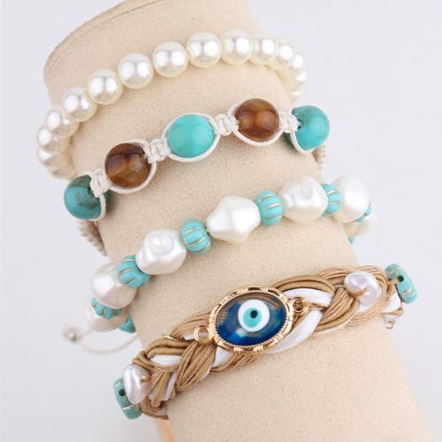 Evil Eye Jewelry Bracelet, Wax Cord, with Plastic Pearl & Tibetan Style & Acrylic, fashion jewelry, more colors for choice, Sold By PC