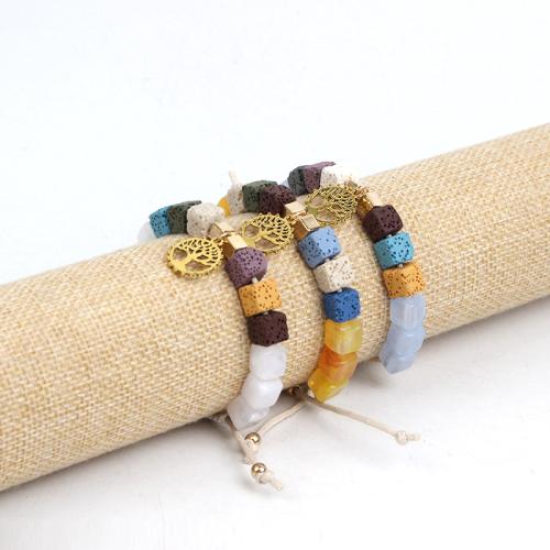 Gemstone Bracelets, Tibetan Style, with Wax Cord & Lava & Acrylic, fashion jewelry, more colors for choice, Sold By PC