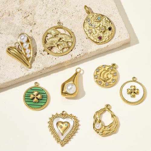 Stainless Steel Pendants, 304 Stainless Steel, with ABS Plastic Pearl & Shell, gold color plated, DIY & enamel & with rhinestone, more colors for choice, 3PCs/Bag, Sold By Bag