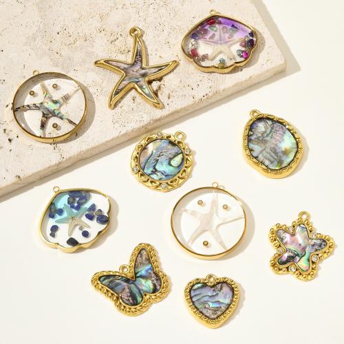 Stainless Steel Pendants, 304 Stainless Steel, with Shell, gold color plated, DIY & enamel & with rhinestone, more colors for choice, 3PCs/Bag, Sold By Bag
