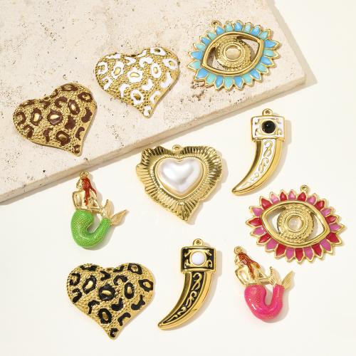 Stainless Steel Pendants, 304 Stainless Steel, with Natural Stone & ABS Plastic Pearl & Cats Eye, gold color plated, DIY & enamel, more colors for choice, 3PCs/Bag, Sold By Bag