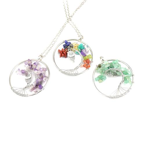 Natural Gemstone Necklace, with brass wire & Tibetan Style, handmade, different materials for choice & Unisex & hollow, silver color, Sold By PC