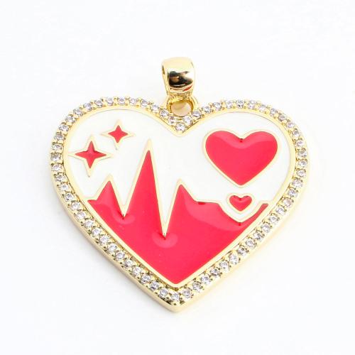Cubic Zirconia Micro Pave Brass Pendant, Heart, DIY & micro pave cubic zirconia & enamel, golden, 26x24x2mm, Sold By PC