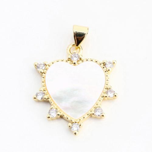 Cubic Zirconia Micro Pave Brass Pendant, with White Shell, Heart, DIY & micro pave cubic zirconia, golden, 29x22x2mm, Sold By PC
