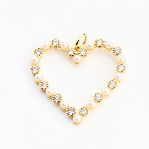 Cubic Zirconia Micro Pave Brass Pendant, with Plastic Pearl, Heart, DIY & micro pave cubic zirconia & hollow, golden, 23x25x3mm, Sold By PC