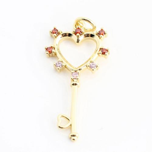 Cubic Zirconia Micro Pave Brass Pendant, Key, DIY & micro pave cubic zirconia & hollow, golden, 27x14x2mm, Sold By PC