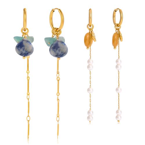 Natural Gemstone Earrings, 304 Stainless Steel, with Natural Stone, plated, fashion jewelry & different styles for choice & for woman, golden, Sold By Pair