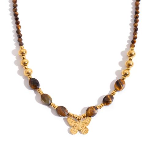 Natural Gemstone Necklace, 304 Stainless Steel, with Tiger Eye, 18K gold plated, fashion jewelry & different styles for choice & for woman, Sold By PC
